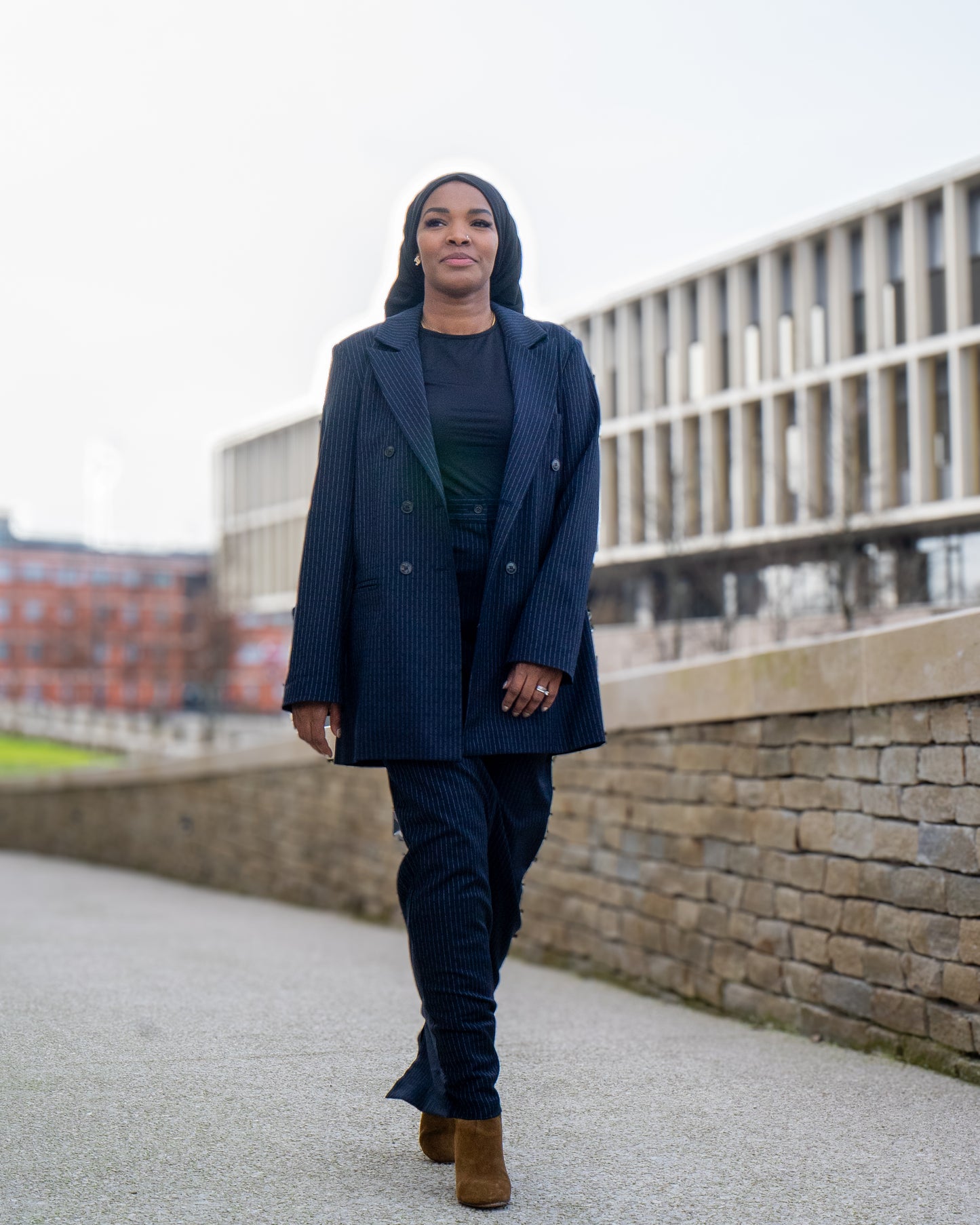 Jupe droite longue fendue - Bleu rayé